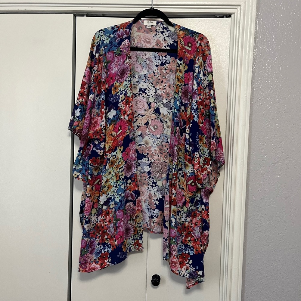 Umgee Floral Kimono Cardigan Navy Blue Multi Color Open Front Boho S/M